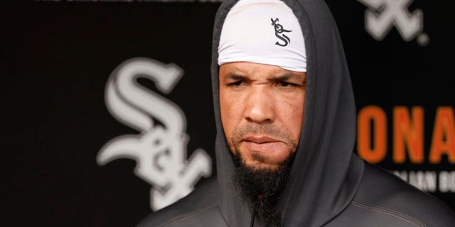 Jose Abreu looks on from the White Sox dugout during the Minnesota Twins game at Guaranteed Rate Field in Chicago, Oct. 5, 2022.