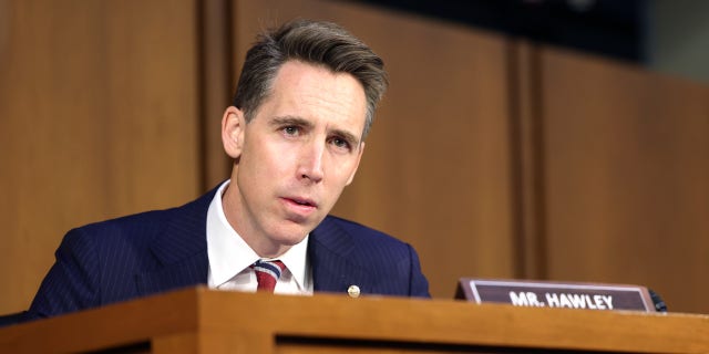 Sen. Josh Hawley, R-Mo., asks questions at a committee hearing on data security at Twitter.