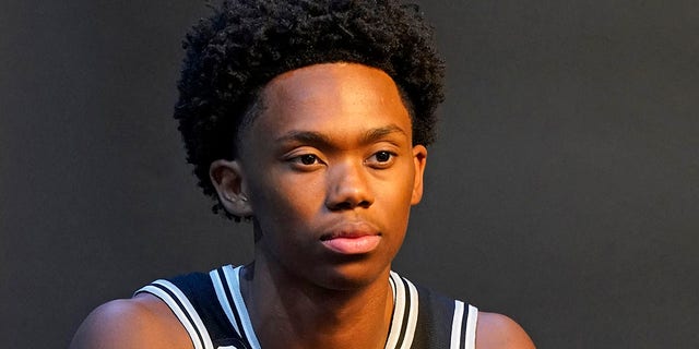 San Antonio Spurs guard Joshua Primo (11) poses for photos and video during Media Day Sept. 26, 2022, in San Antonio.