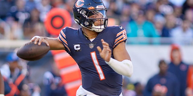 Chicago Bears quarterback Justin Fields throws the football during a game against the Miami Dolphins on Nov. 6, 2022, at Soldier Field in Chicago.