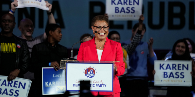 Los Angeles mayoral candidate Rep. Karen Bass, D-Calif., speaks at an election night party in Los Angeles on Nov. 8.