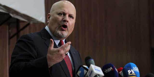Karim Ahmed Khan, International Criminal Court chief prosecutor, speaks during a news conference at the Ministry of Justice in Khartoum, Sudan, on Aug. 12, 2021.