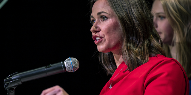 Republican Katie Britt speaks to supporters at her election night watch party after winning the U.S. Senate race in Alabama, on Nov. 8 in Montgomery, Alabama. 