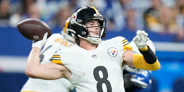 Pittsburgh Steelers quarterback Kenny Pickett throws during the first half of an NFL football game against the Indianapolis Colts, Monday, Nov. 28, 2022, in Indianapolis.