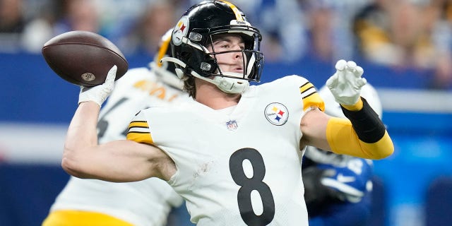 Pittsburgh Steelers quarterback Kenny Pickett throws during the first half of an NFL football game against the Indianapolis Colts, Monday, Nov. 28, 2022, in Indianapolis.