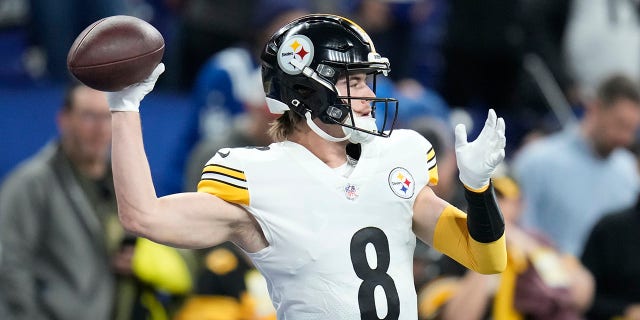 Pittsburgh Steelers quarterback Kenny Pickett prepares to throw before an NFL football game against the Indianapolis Colts, Monday, Nov. 28, 2022, in Indianapolis. 