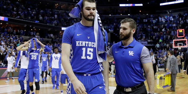 Kentucky's Isaac Humphries (15) leaves the court after Kentucky lost to North Carolina 75-73 in the South Regional final game in the NCAA college basketball tournament on March 26, 2017, in Memphis, Tenn. Melbourne United starting center Isaac Humphries has announced that he is gay and said he hopes his decision to publicly announce his sexuality will lead to more professional sportsmen doing the same.
