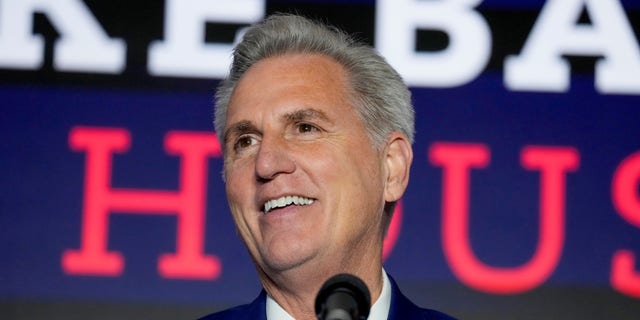 House Minority Leader Kevin McCarthy of Calif. speaks at an event early Wednesday morning, Nov. 9, 2022, in Washington. 
