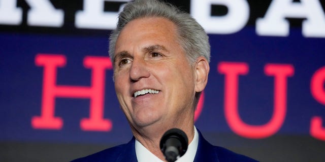 House Minority Leader Kevin McCarthy of Calif. speaks at an event early Wednesday morning, Nov. 9, 2022, in Washington. 