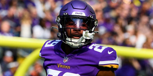 Kris Boyd, #29 of the Minnesota Vikings, reacts after a special teams play in the first quarter of the game against the Chicago Bears at U.S. Bank Stadium on Oct. 9, 2022 in Minneapolis.