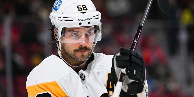 Pittsburgh Penguins defenseman Kris Letang looks on during a game against the Montreal Canadiens at Bell Centre in Montreal, Quebec, on Nov. 12, 2022.