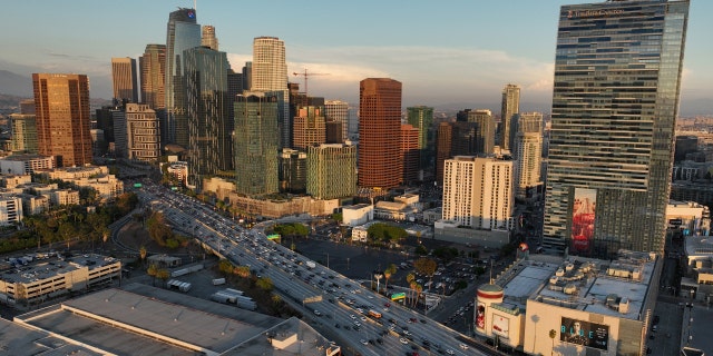 Los Angeles, CA - September 28: An aerial view of the downtown Los Angeles skyline as seen from the Pico-Union area of Los Angeles at dusk in Los Angeles, Wednesday, Sept. 28, 2022. 