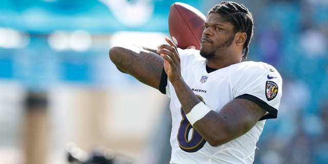 Baltimore Ravens quarterback Lamar Jackson (8) during the game between the Baltimore Ravens and the Jacksonville Jaguars on November 27, 2022 at TIAA Bank Field in Jacksonville, Florida.