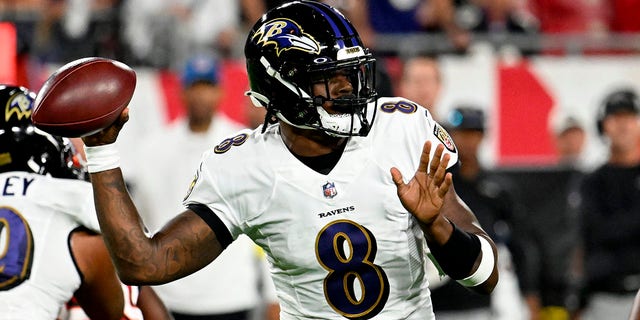 Baltimore Ravens quarterback Lamar Jackson throws against the Buccaneers Thursday, Oct. 27, 2022, in Tampa, Florida.