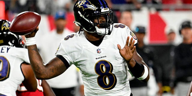 Baltimore Ravens quarterback Lamar Jackson throws against the Buccaneers Thursday, Oct. 27, 2022, in Tampa, Florida.
