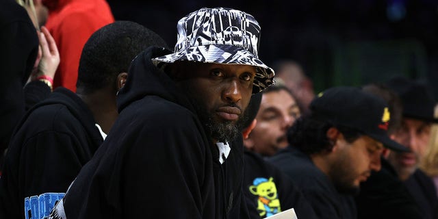 Lamar Odom sits courtside for the game between the New Orleans Pelicans and the Los Angeles Lakers at Crypto.com Arena on Nov. 2, 2022 in Los Angeles.