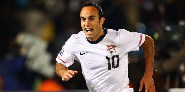 Landon Donovan of the United States celebrates after scoring the game-winning goal against Algeria during the 2010 FIFA World Cup South Africa Group C match between the United States and Algeria at Loftus Versfeld Stadium on June 23, 2010 in Tshwane /Pretoria, South Africa.