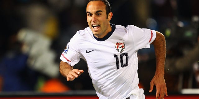 Landon Donovan of the United States celebrates after scoring the game-winning goal against Algeria during the 2010 FIFA World Cup South Africa Group C match between the United States and Algeria at Loftus Versfeld Stadium on June 23, 2010 in Tshwane /Pretoria, South Africa.