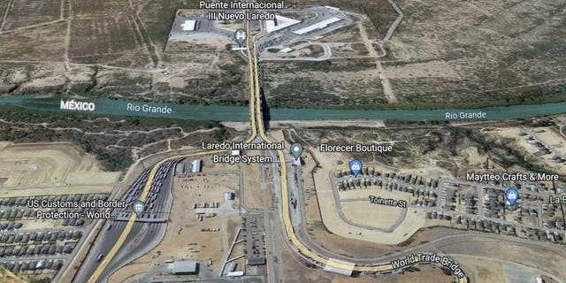 A Google Earth image shows the Laredo Port of Entry at the World Trade Bridge between south Texas and Mexico.