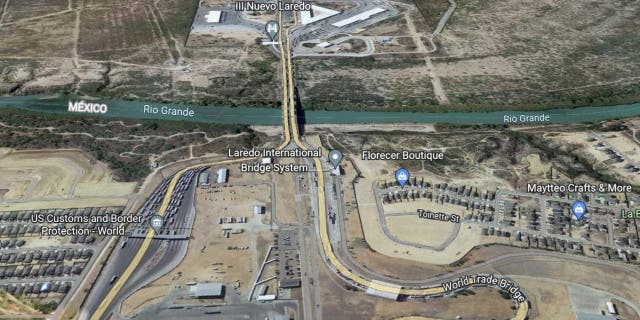 A Google Earth image shows the Laredo Port of Entry at the World Trade Bridge between south Texas and Mexico.