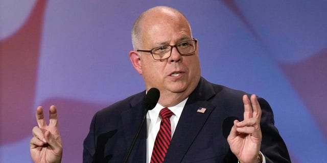 Maryland Gov. Larry Hogan speaks at an annual leadership meeting of the Republican Jewish Coalition on Nov. 18, 2022, in Las Vegas.