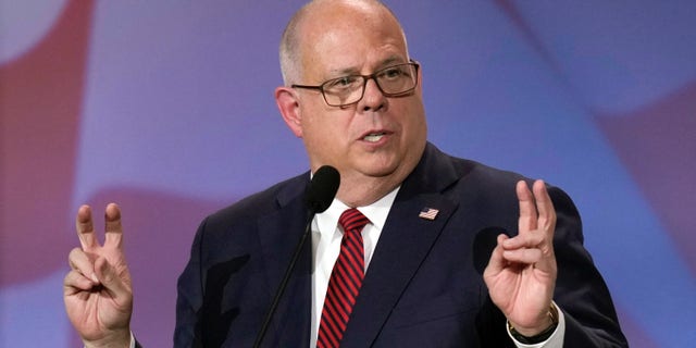 Maryland Gov. Larry Hogan speaks at an annual leadership meeting of the Republican Jewish Coalition on Nov. 18, 2022, in Las Vegas.