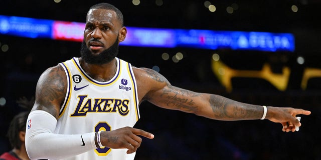 Los Angeles Lakers forward LeBron James pleads his case after a foul call in the first half against the Cleveland Cavaliers at Crypto.com Arena on Nov. 6, 2022, in Los Angeles.
