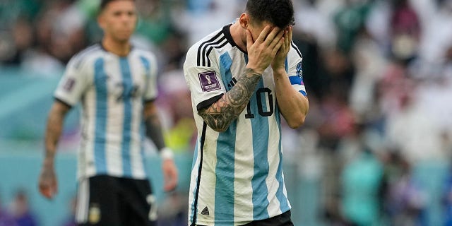 Argentina's Lionel Messi reacts after missing a chance during the World Cup group C soccer match between Argentina and Saudi Arabia at the Lusail Stadium in Lusail, Qatar, Tuesday, Nov. 22, 2022.