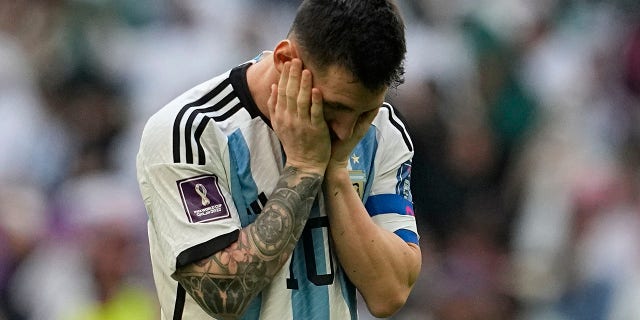 Argentina's Lionel Messi reacts after missing a chance during the World Cup group C soccer match between Argentina and Saudi Arabia at the Lusail Stadium in Lusail, Qatar, Tuesday, Nov. 22, 2022.