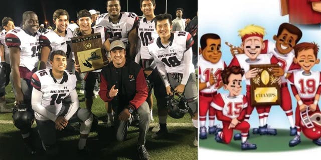 On the left, Rob Fletcher's championship season as a football player (with him holding the trophy) — on the right, a photographic representation of that event in a new children's book by Lisa Fletcher.