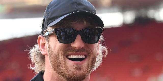 Logan Paul is interviewed before the Premier League match between Arsenal FC and Fulham FC at Emirates Stadium on Aug. 27, 2022 in London.