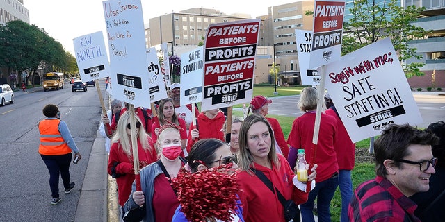 FILE: Nurses strike Monday, Sept. 12, 2022 outside North Memorial Health Hospital in Robbinsdale, Minn. 