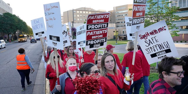FILE: Nurses strike Monday, Sept. 12, 2022 outside North Memorial Health Hospital in Robbinsdale, Minn.