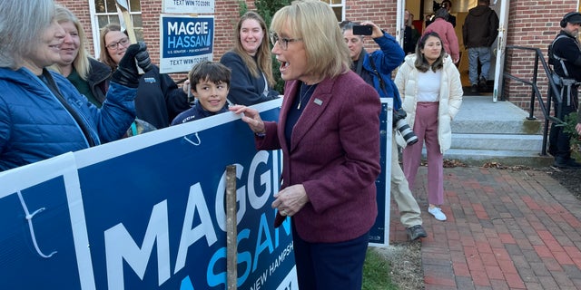 Democratic Sen. Maggie Hassan greets supporters after voting in her hometown on Election Day 2022, on Nov. 8, 2022, in Newfields, N.H. 