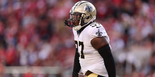 Malcolm Roach, #97 of the New Orleans Saints, reacts after a play during the first half in the game against the San Francisco 49ers at Levi's Stadium on Nov. 27, 2022 in Santa Clara, California.