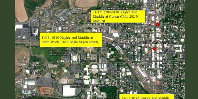 An aerial map released by the Moscow City Police Department on Friday shows the final movements of Ethan Chapin, Madison Mogen, Xana Kernodle, and Kaylee Goncalves before they were killed in their home Sunday.