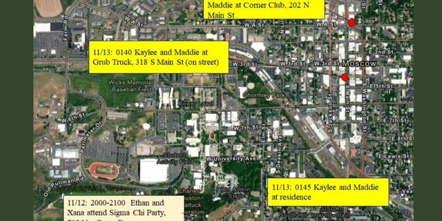 An aerial map released by the Moscow City Police Department on Nov. 18 shows the final movements of Ethan Chapin, Madison Mogen, Xana Kernodle and Kaylee Goncalves before they were killed in their home on Nov. 13.