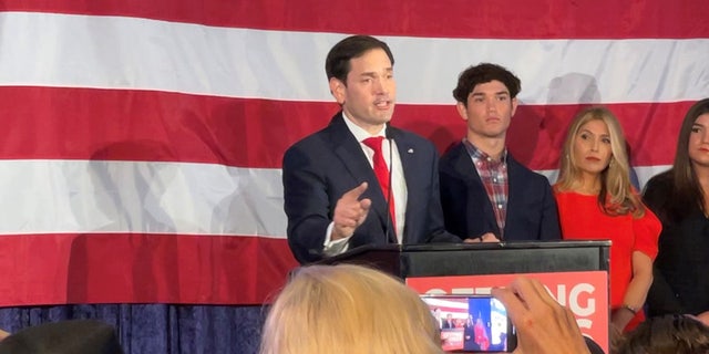 Sen. Marco Rubio delivers a victory speech in Miami after being projected as the winner in the Senate race against Democratic challenger Rep. Val Demings on Nov. 8, 2022. (Ronn Blitzer/Fox News)