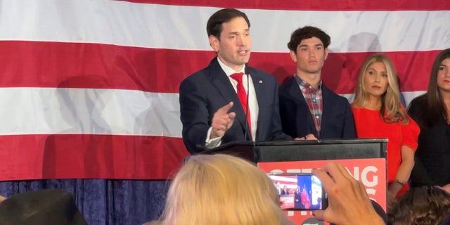 Sen. Marco Rubio delivers a victory speech in Miami after being projected as the winner in the Senate race against Democratic challenger Rep. Val Demings on Nov. 8, 2022.