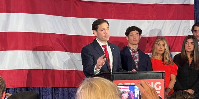 Sen.  Marco Rubio delivers a victory speech in Miami after being projected as the winner in the Senate race against Democratic challenger Rep.  Val Demings on Nov.  8, 2022. (Ronn Blitzer/Fox News)