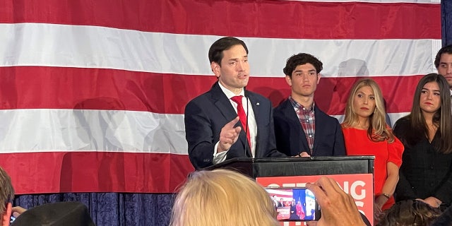 Sen. Marco Rubio delivers a victory speech in Miami after being projected as the winner in the Senate race against Democratic challenger Rep. Val Demings on Nov. 8, 2022. (Ronn Blitzer/Fox News)
