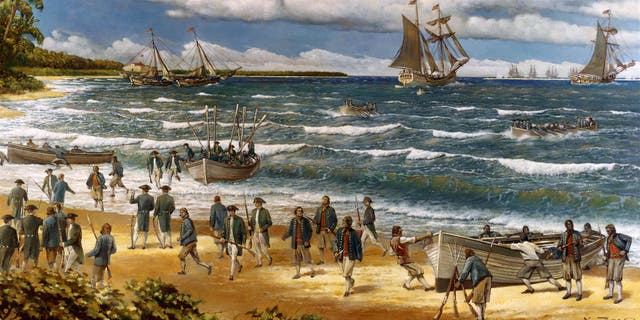 New Providence Raid, March 1776, oil painting on canvas by V. Zveg, 1973, depicting Continental Sailors and Marines landing on New Providence Island, Bahamas, on March 3, 1776.