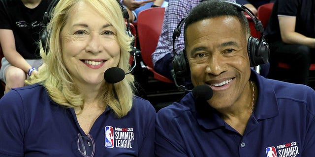 ESPN sports announcer and analyst Doris Burke, left, and sportscaster Mark Jones pose before calling a game during the 2022 NBA Summer League at the Thomas &amp; Mack Center on July 9, 2022 in Las Vegas.