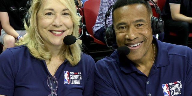 ESPN sports announcer and analyst Doris Burke, left, and sportscaster Mark Jones pose before calling a game during the 2022 NBA Summer League at the Thomas &amp; Mack Center on July 9, 2022 in Las Vegas.