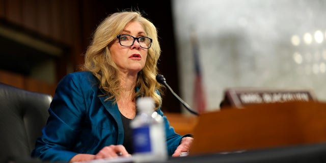 Tennessee Republican Senator Marsha Blackburn pictured at a hearing on Capitol Hill.  