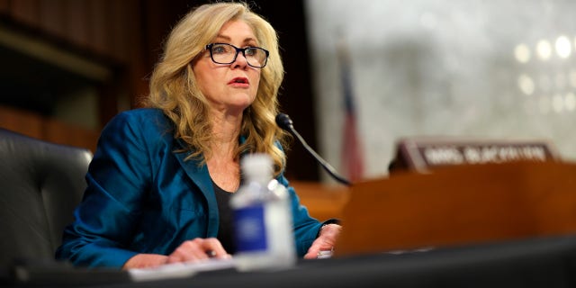 Sen. Marsha Blackburn at a hearing on Capitol Hill.