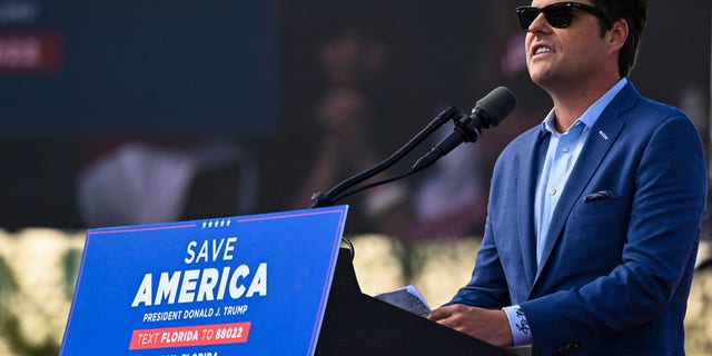 US Representative Matt Gaetz (R-Fla.) speaks during a "Save America" rally ahead of the US midterm elections, at the Miami-Dade County Fairgrounds in Miami, Florida, on November 6, 2022. 