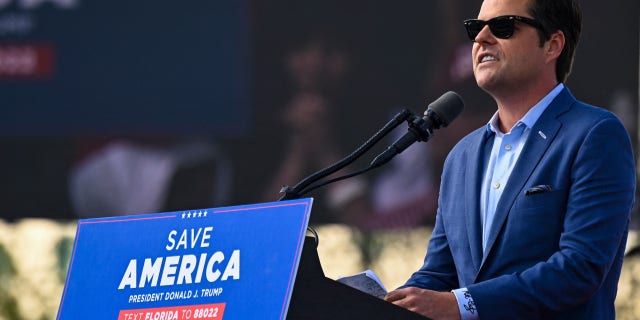 US Representative Matt Gaetz (R-Fla.) speaks during a "Save America" rally ahead of the US midterm elections, at the Miami-Dade County Fairgrounds in Miami, Florida, on November 6, 2022.