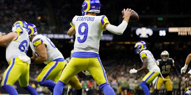 Matthew Stafford of the Los Angeles Rams throws a pass against the New Orleans Saints during the first half at Caesars Superdome, Nov. 20, 2022, in New Orleans.