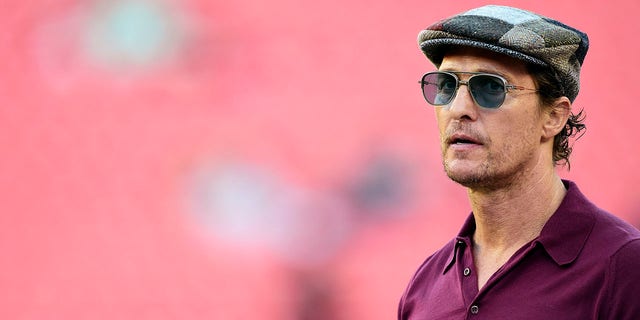 Actor Matthew McConaughey stands on the sideline at FedExField, Aug. 29, 2019, in Landover, Maryland.